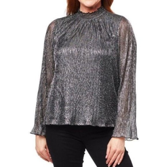 Colleen Lopez Smock-Neck Shimmer Blouse 770-541 Silver XS - Picture 1 of 2